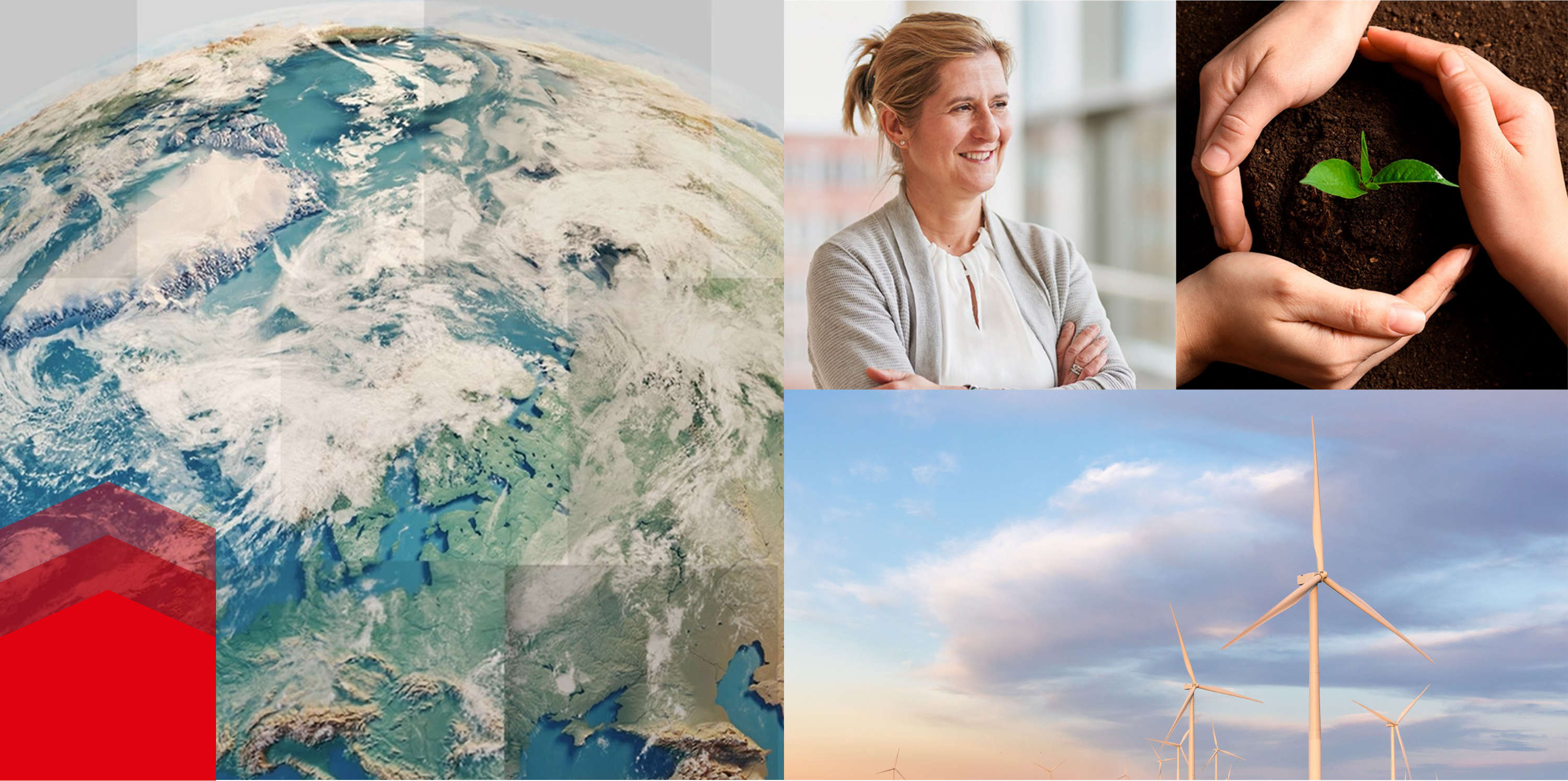 Collage of pictures of the earth, a smiling woman, a growing plant and wind turbines