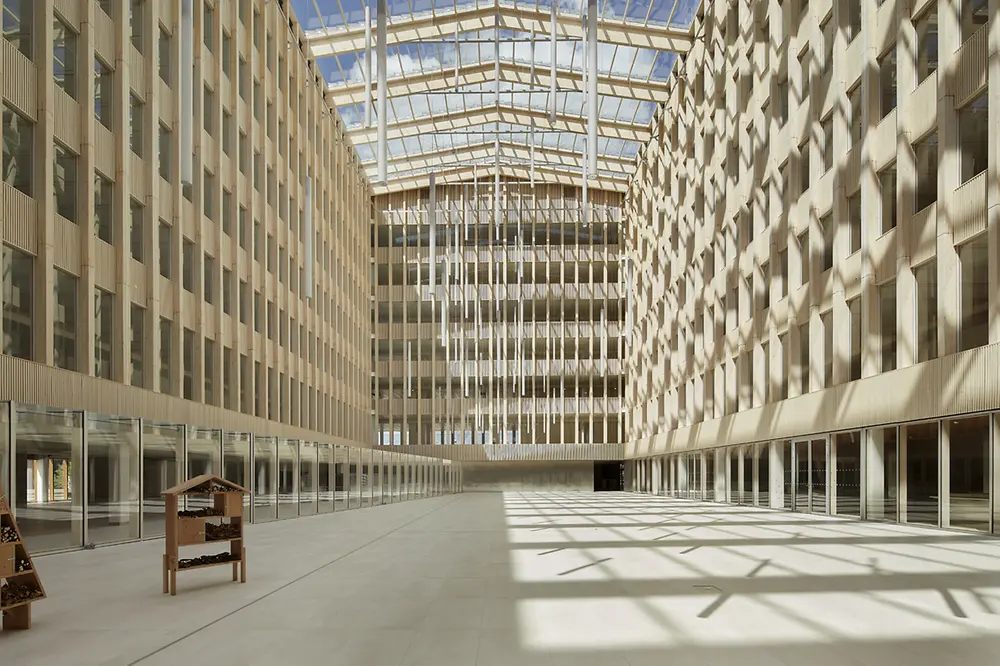 Wooden entry hall of “The Pulse” in France