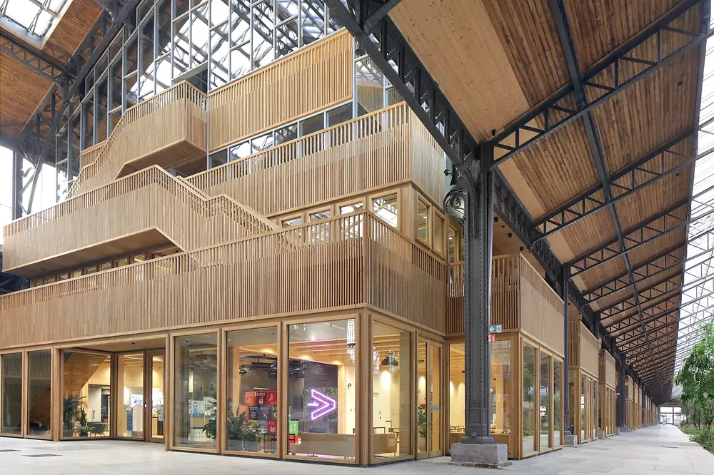 Inside view of the wood-steel building Gare Maritime in Brussels.