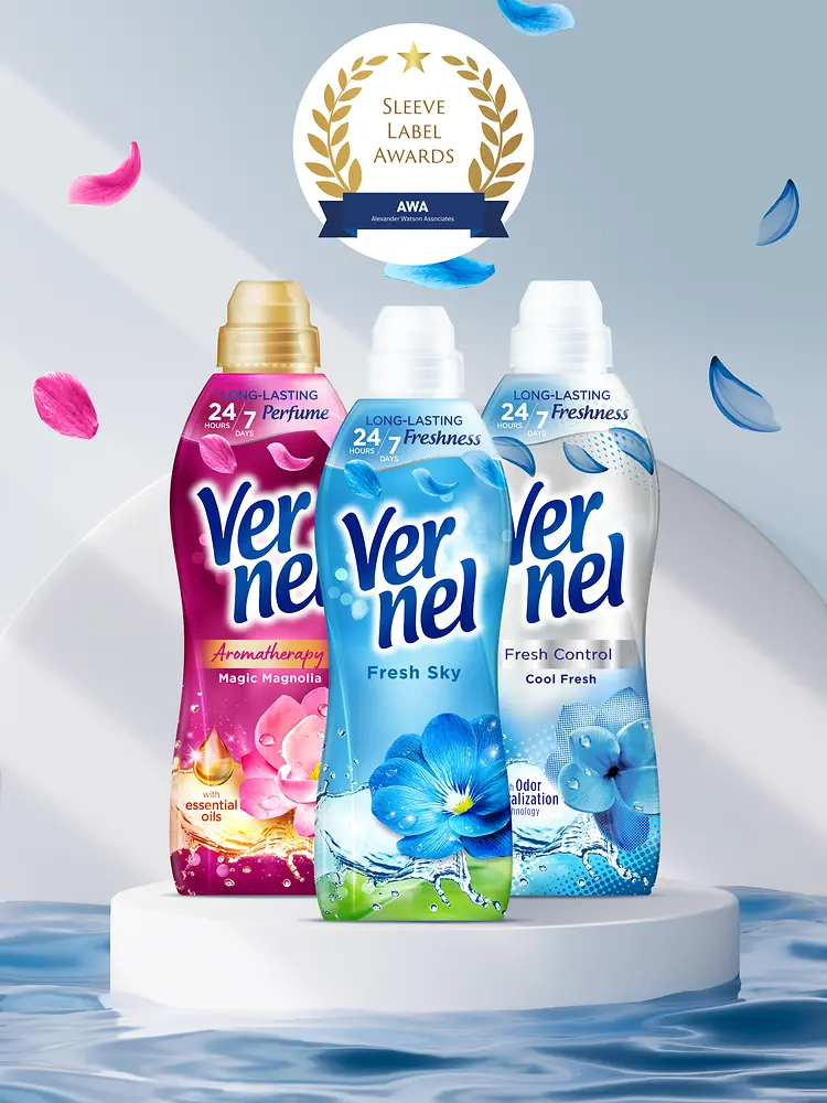 Vernel fabric softener bottles with AWA seal.