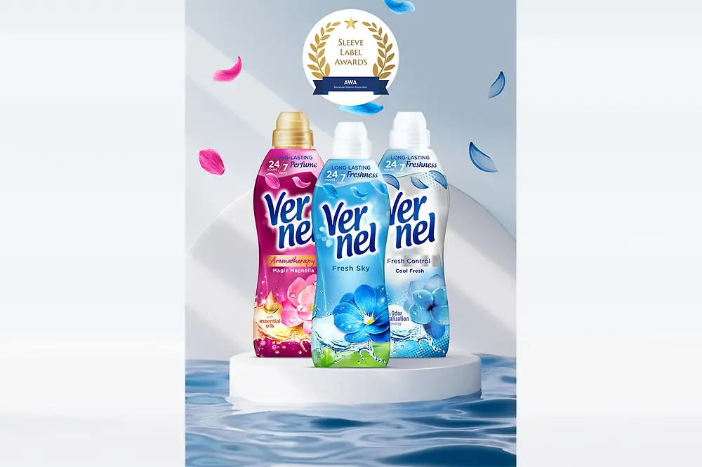 Vernel fabric softener bottles with AWA seal.