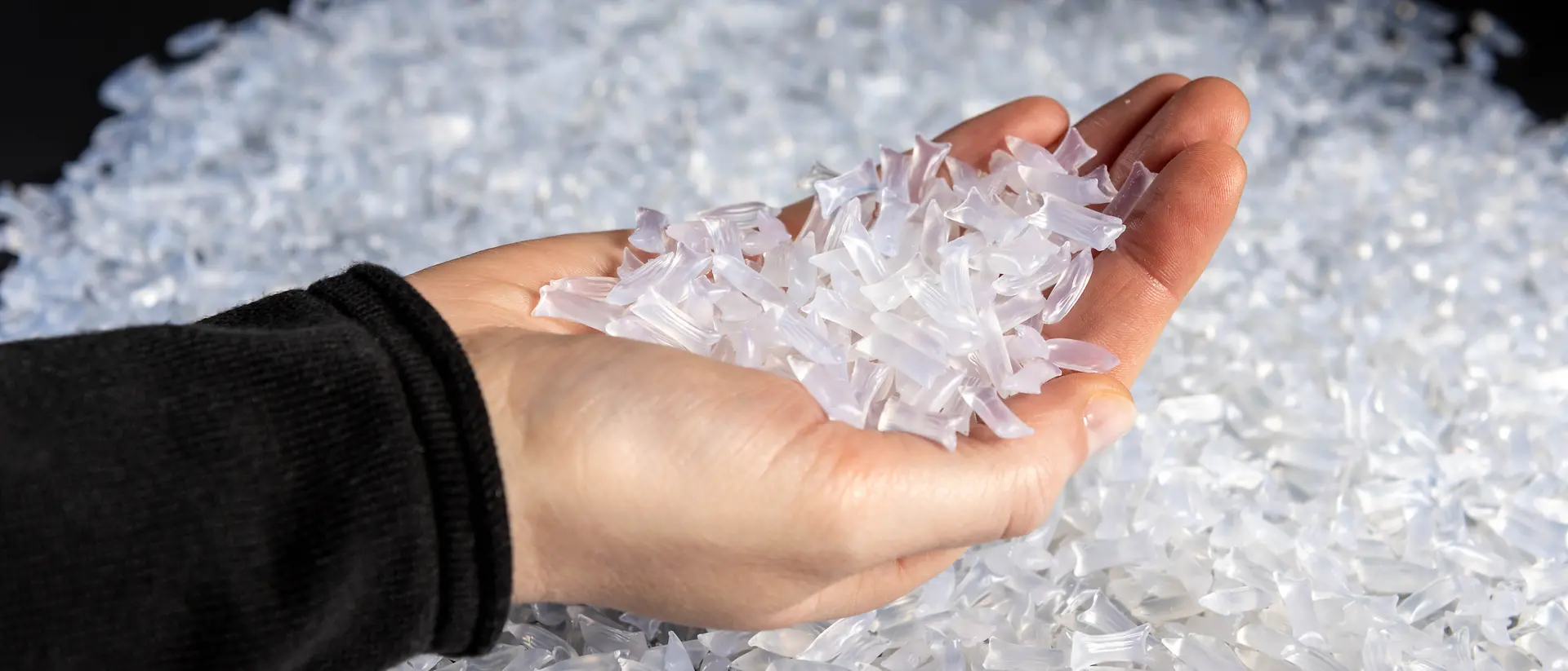 A hand holds a handful of white, semi-trasparent chubs above a big pile of the same type of chubs.