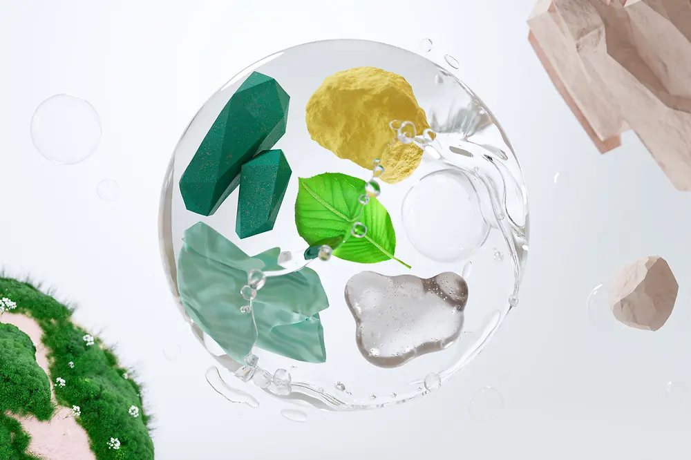 A transparent sphere including a mix of biodiverse materials floating in it symbolizing sustainability.