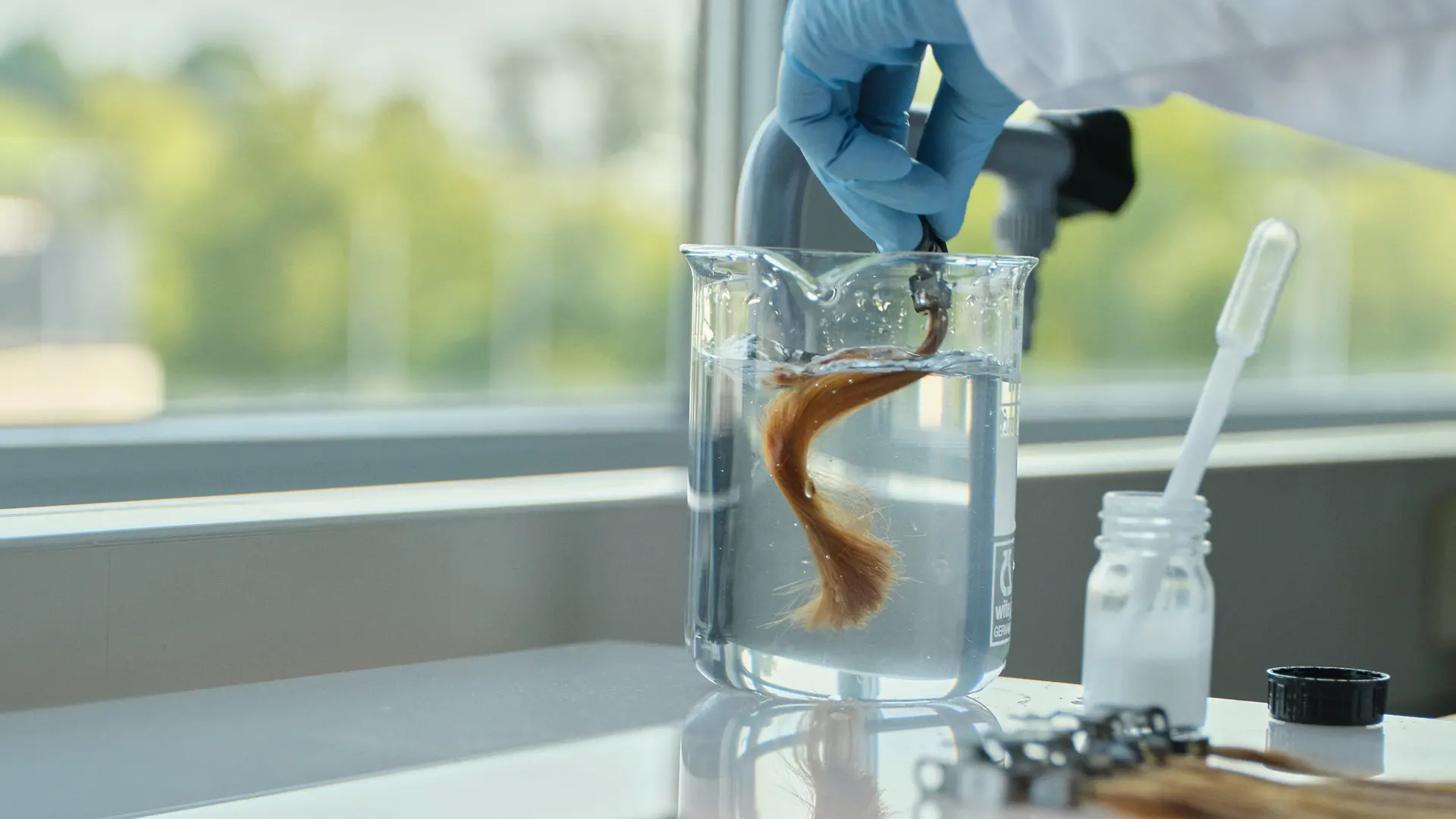 In a hair laboratory, a hand, wearing laboratory gloves, dips a strand of hair into a transparent liquid.