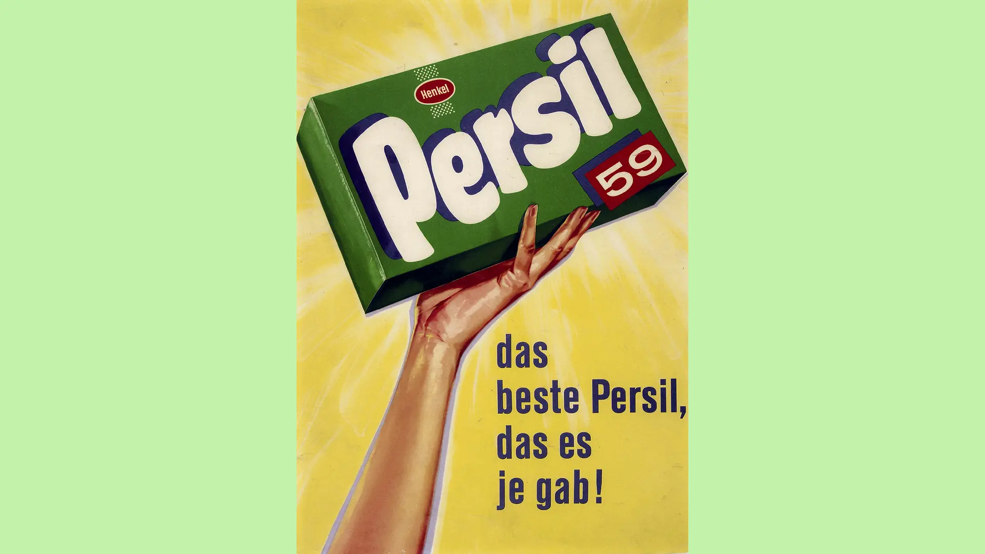 A green advertising poster showing a package of Persil 59 detergent.