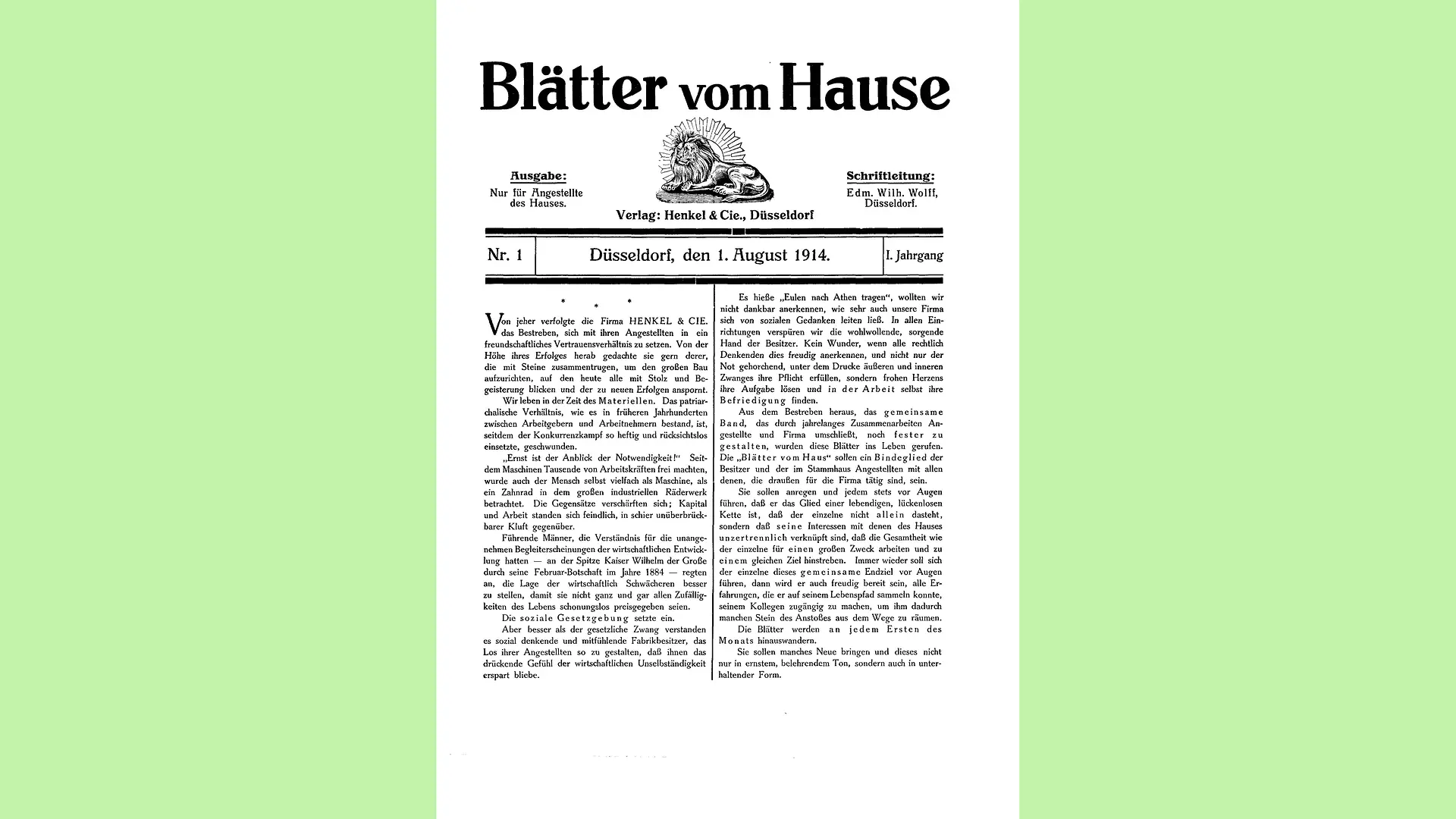 Title page of the first issue of “Blätter vom Hause” from August 1, 1914 with the Henkel lion as symbol.