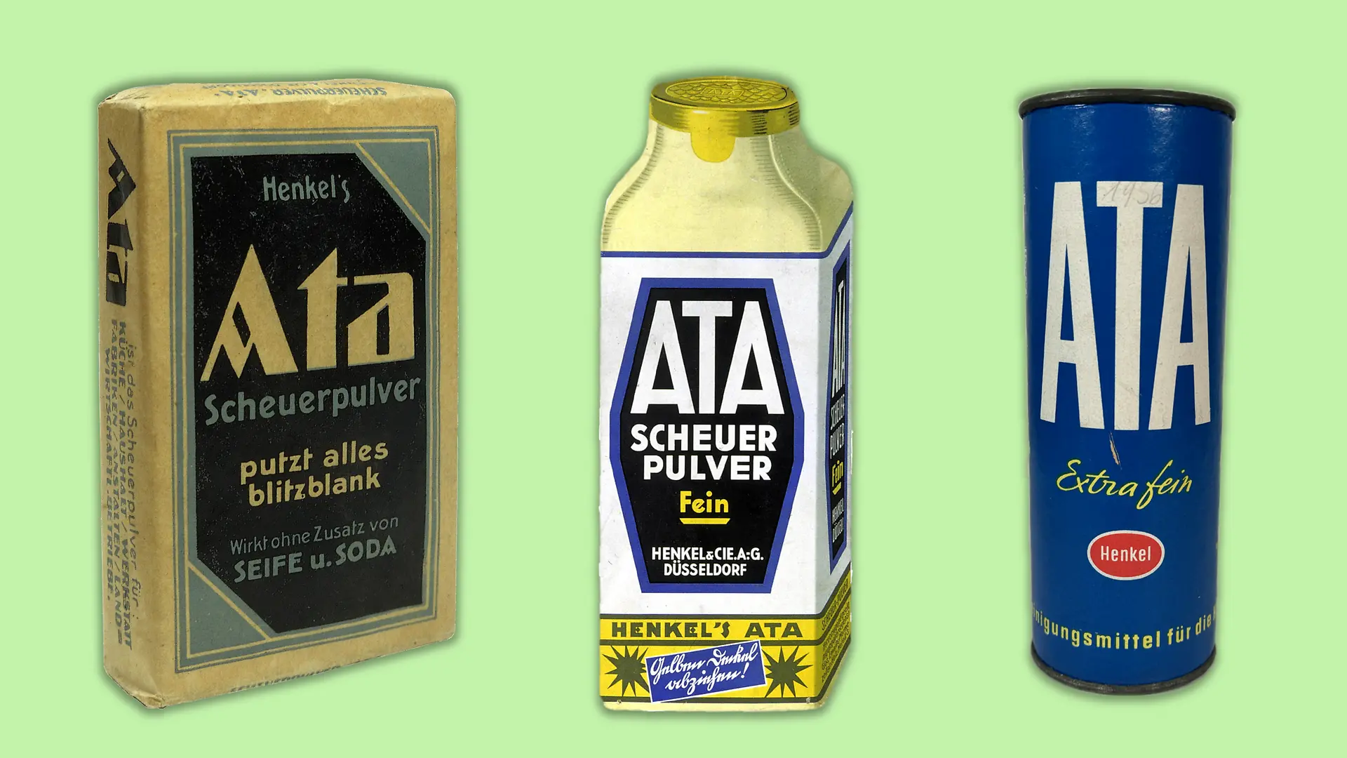 A collage of three packages of the cleaning agent Ata. On the left is a blue and white paper pack from 1920. In the middle is an Ata cast cardboard bottle from 1924, which resembles an oversized salt shaker. On the right side you can see an Ata tin can from 1956.