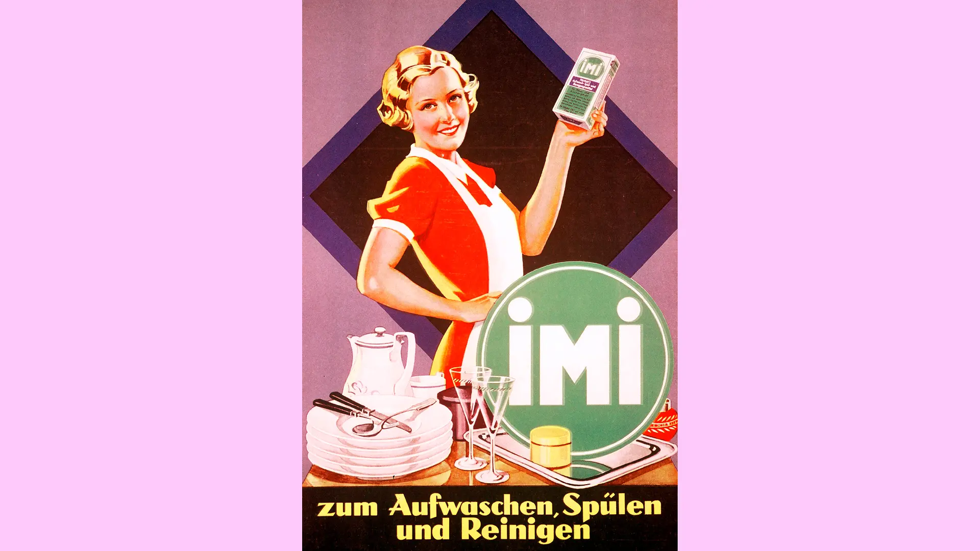 Painted advertising poster. A blonde woman in a red dress and white shooter holds an Imi pack in her hand, smiling. In front of her, stacked, clean dishes and the Imi logo.