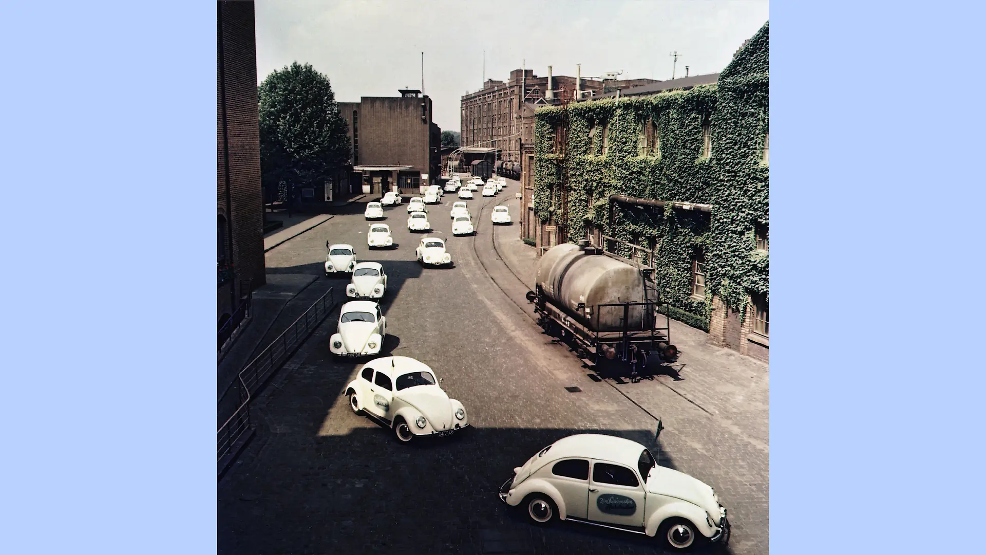 A row of white Volkswagen cars along a stony street. The slogan „Zum Saubermachen – Henkelsachen!“ (“For cleaning stints use Henkel things!”) is written on the right-hand doors of the vehicles.