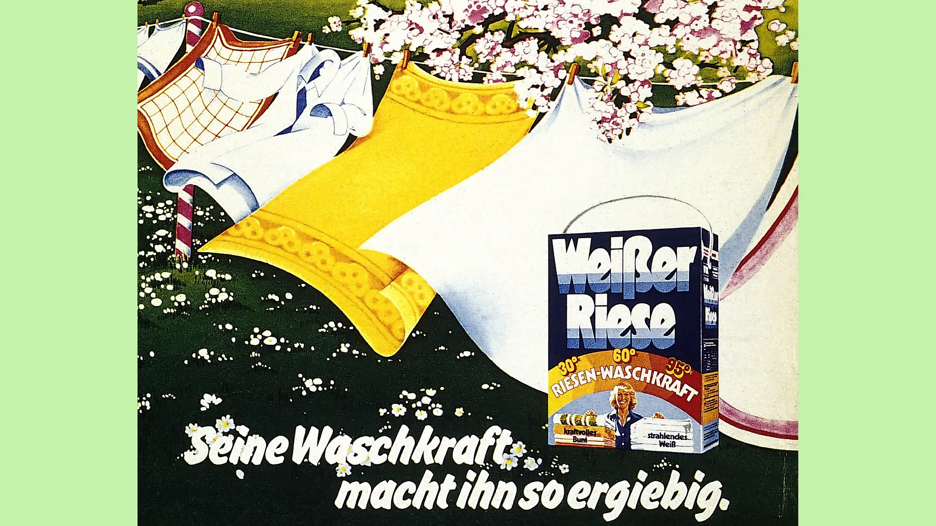 A drawn advertisement: various freshly washed items of laundry hanging neatly on a washing line and blowing in the wind. In the background is a tree with pink flowers, some of which are touching the laundry. A pack of Weißer Riese detergent is placed in front of the laundry on the right-hand side, with the slogan “Its washing power is what makes it so effective” underneath.