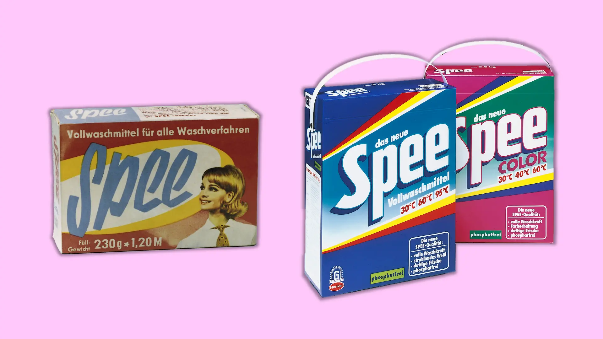 A collage shows a packet of Spee detergent from the GDR times (1968) and two packets from 1990 (right).