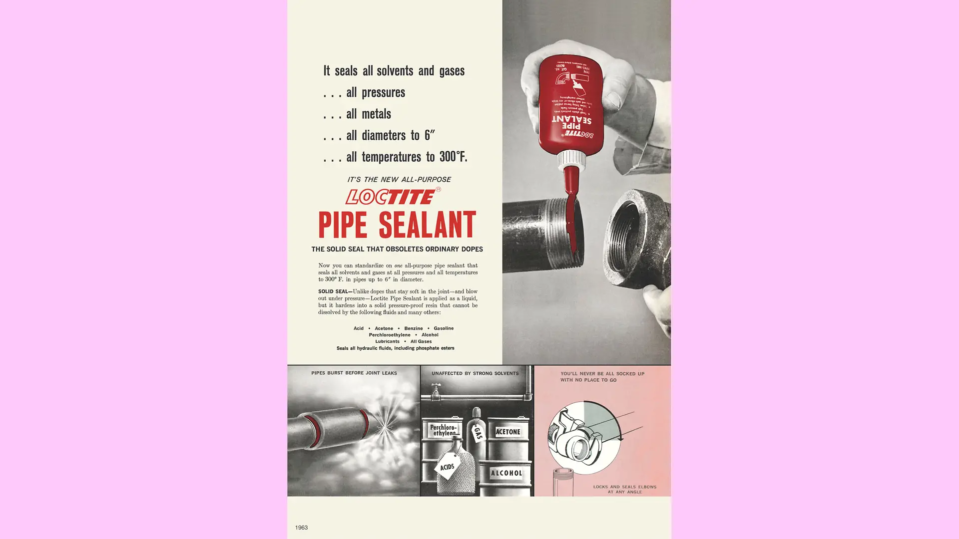 An English advertising poster for Loctite Pipe Sealant demonstrates the application of the product.