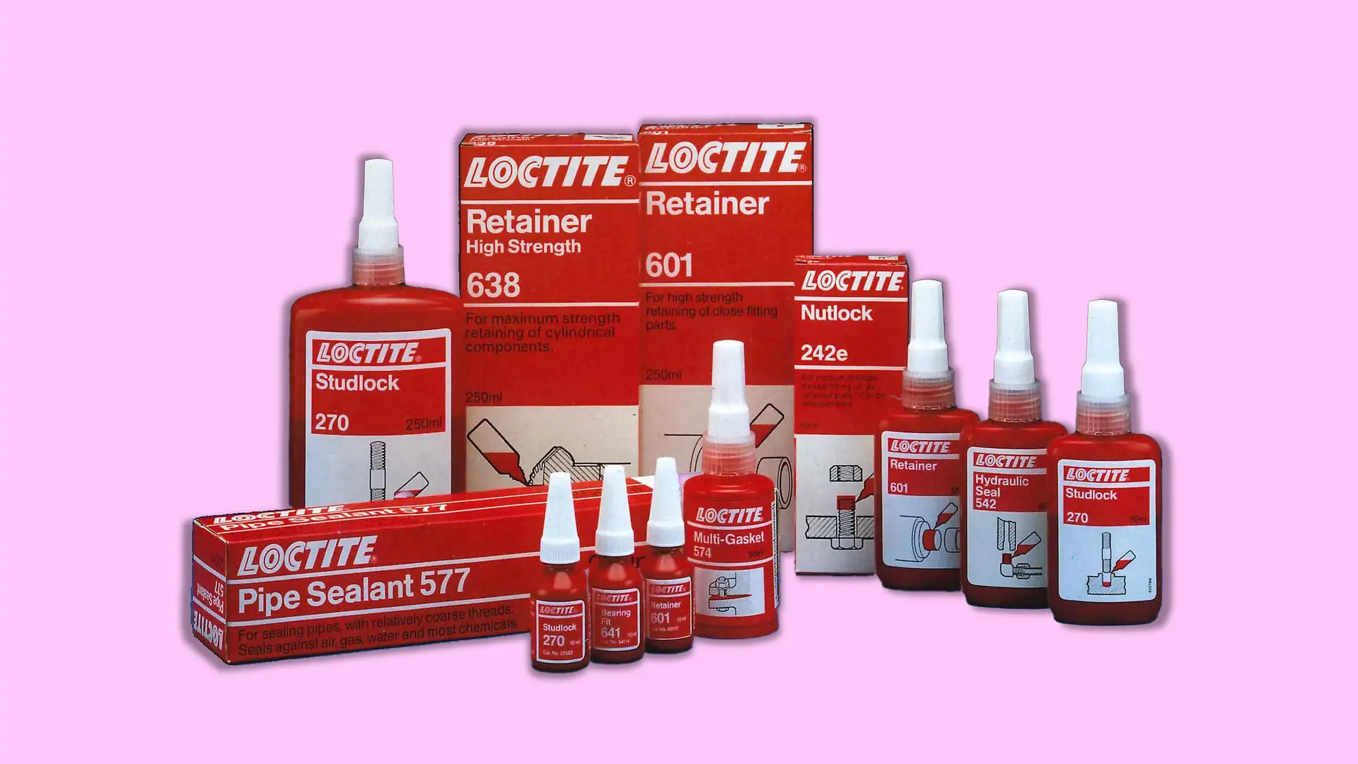 The Loctite assortment from the 1990s: Various products for industrial applications.