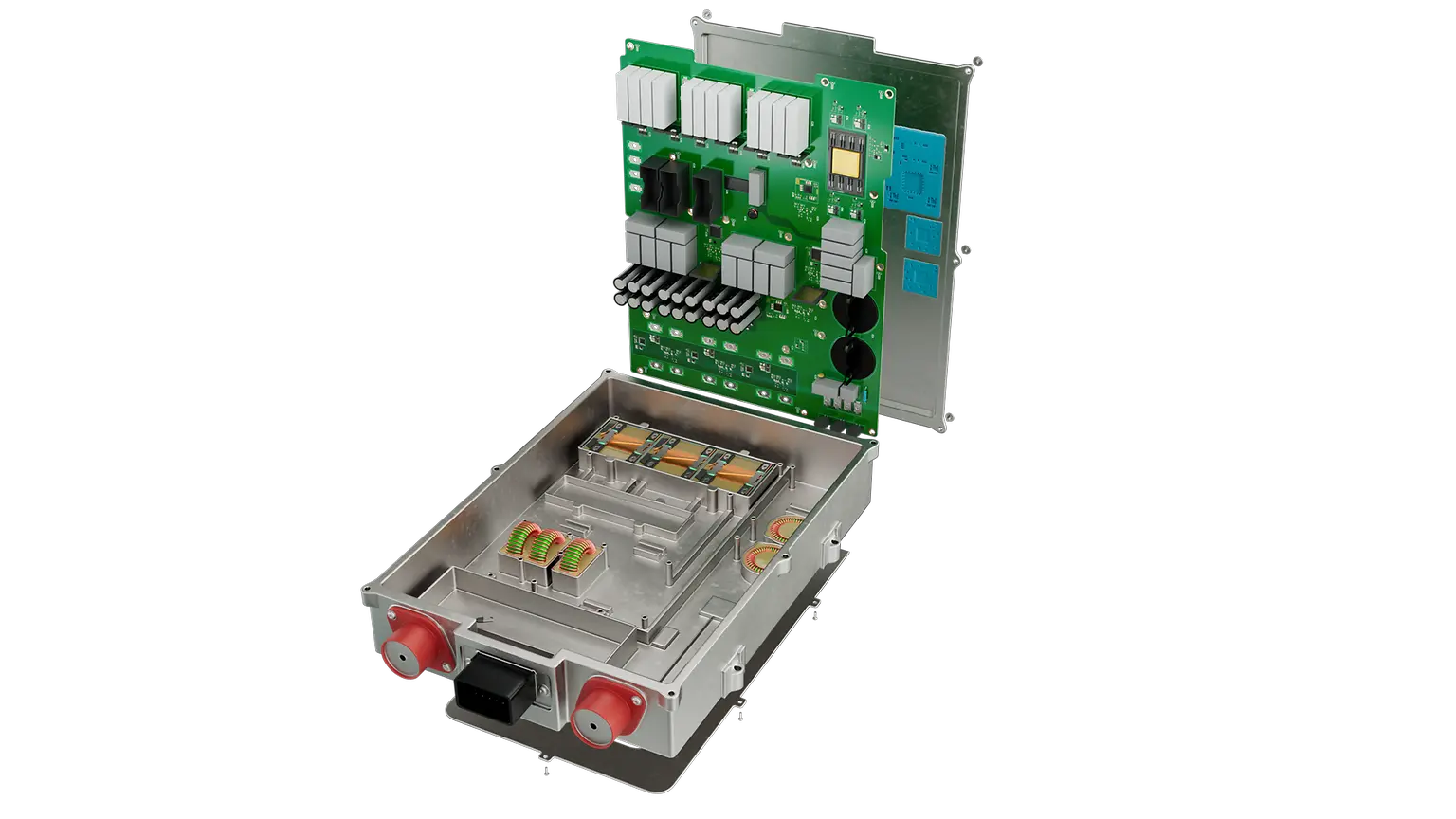 
Graphic illustration of an integrated power conversion unit featuring thermal potting applications.