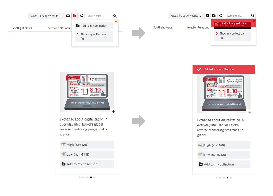 
After adding pages or single elements to your collection you will be notified when the element has been added successfully.