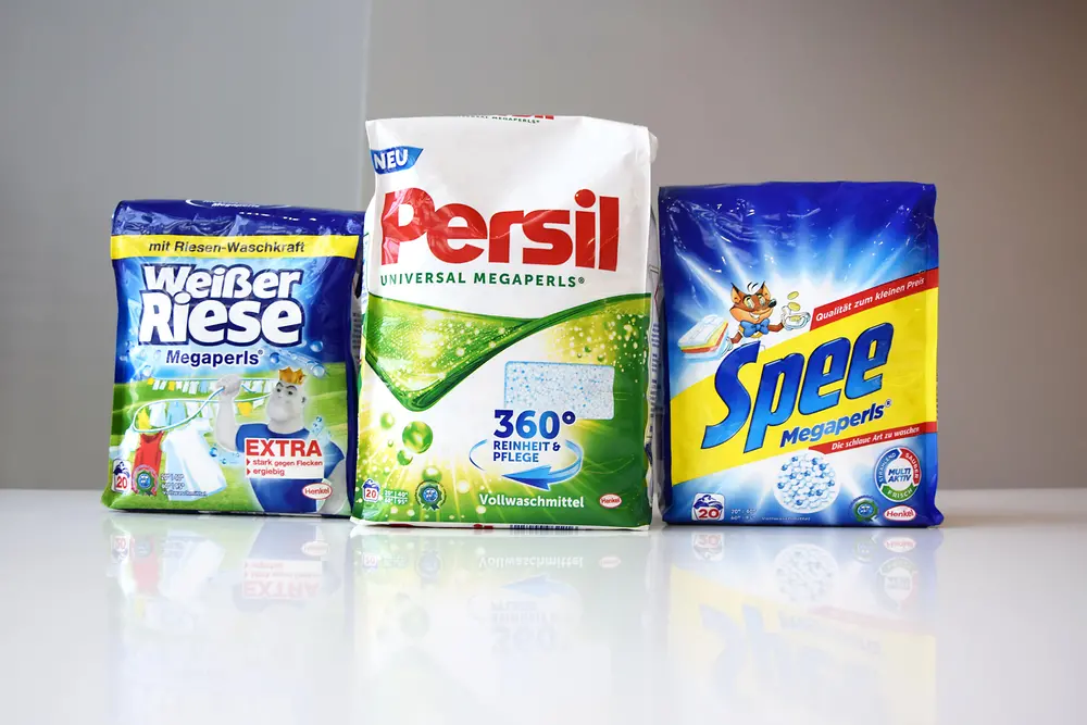 Henkel sells its Megaperls washing powder in a flexible package called “quadro seal bag”