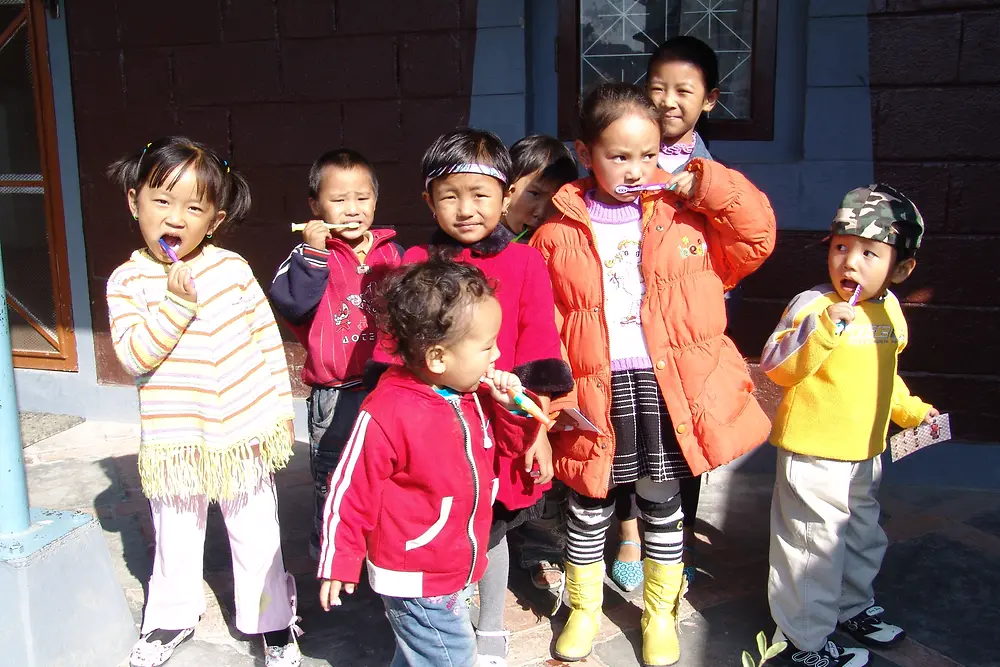 The team teaches lessons on the basics of general hygiene – including how to brush your teeth properly