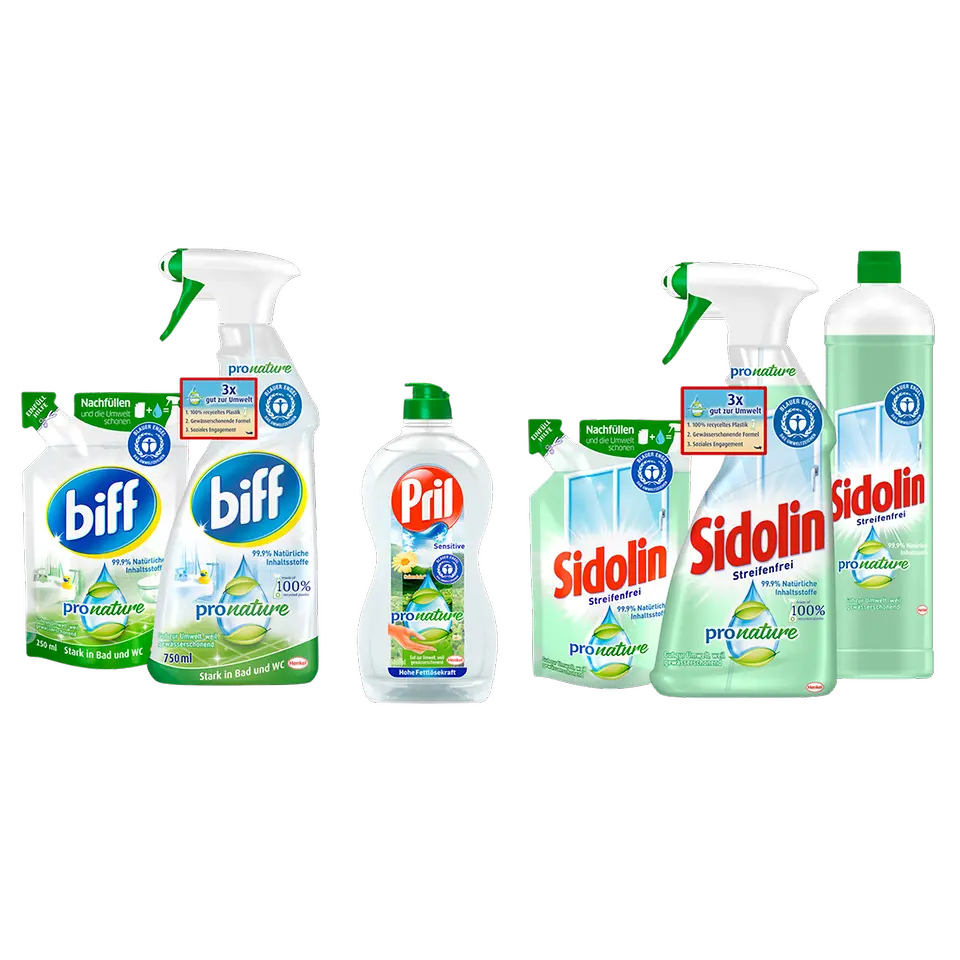 The PET bottles of the Pro Nature range from the brands biff, Sidolin and Pril consist of 100 percent recycled plastic