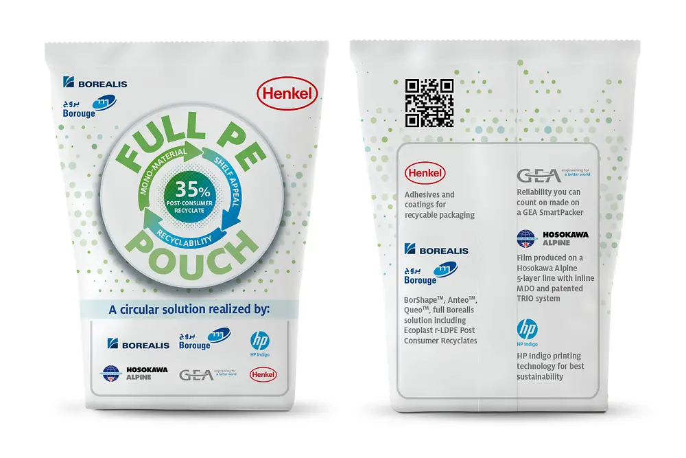 Borealis and Henkel are working on a pilot for a full PE laminate stand-up pouch that contains both virgin and recycled ingredients with 35 percent post-consumer recycled low density polyethylene (r-LDPE)